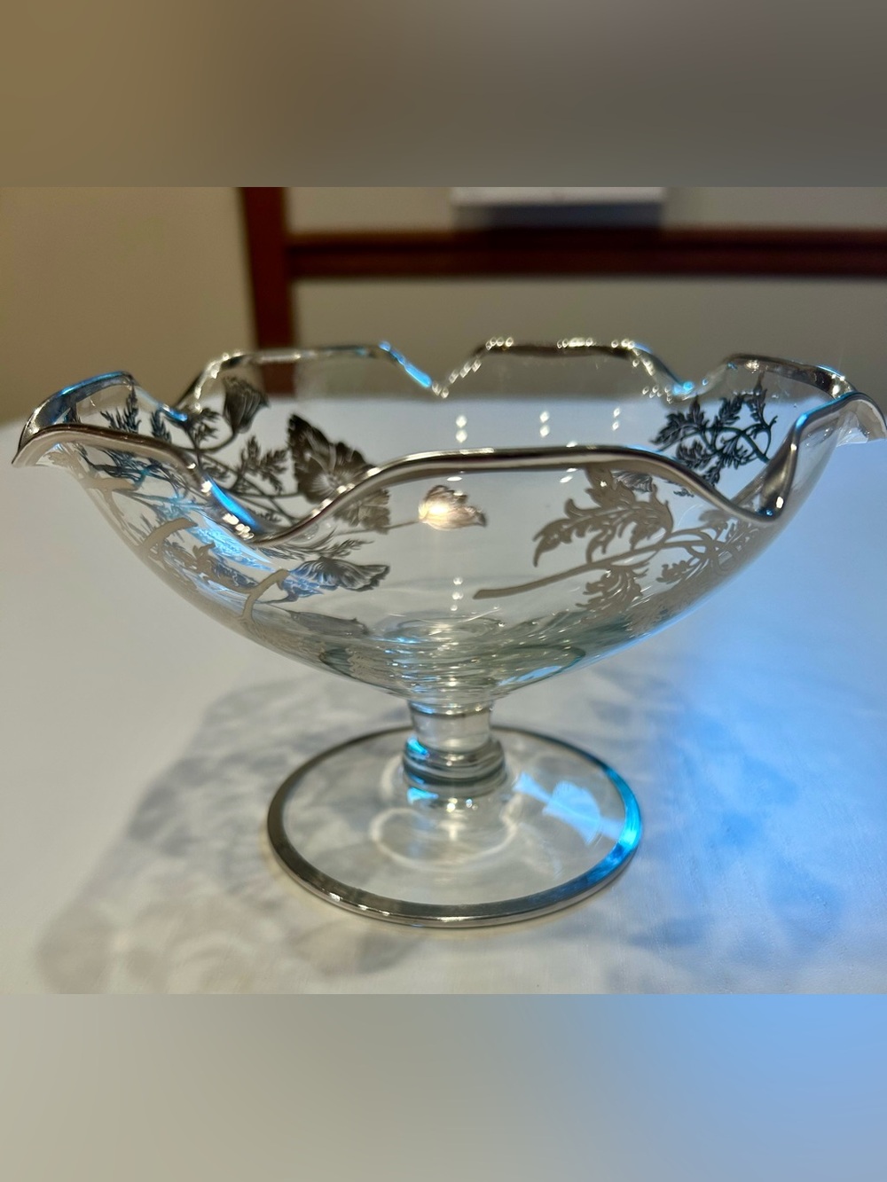 Vintage Silver City Glass Compote Dish Sterling Silver Floral Design Scalloped